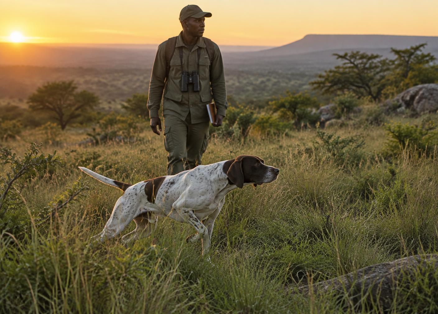 Field worker and pointer dog conducting a grassland survey