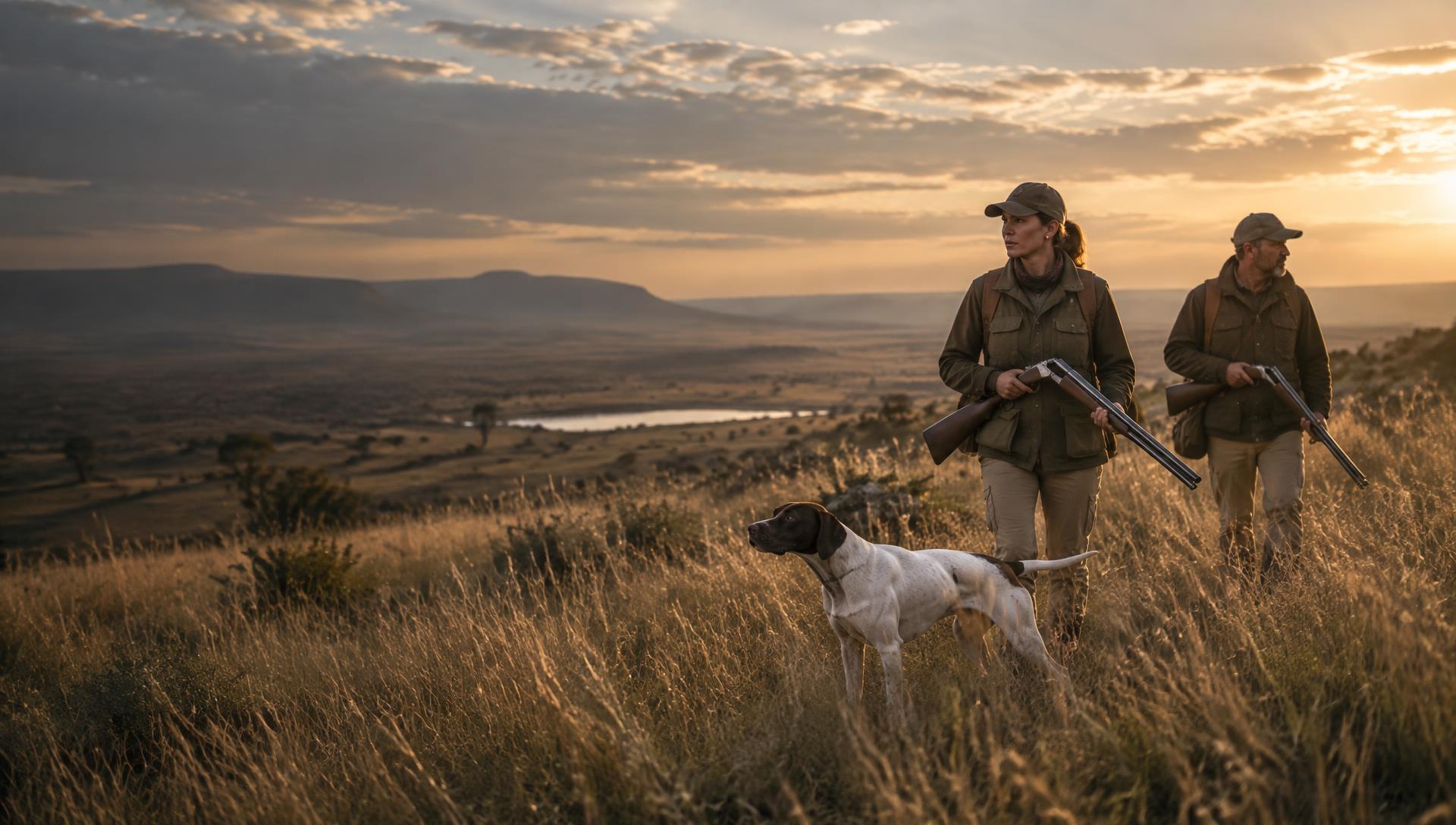Wingshooters and a trained dog in South African grassland